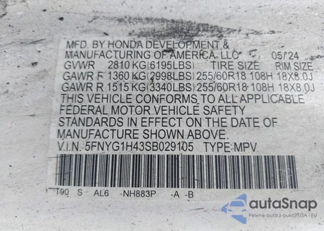 2025 Honda Pilot Ex-L z USA, uszkodzony, nr VIN 5FNYG1H43SB029105